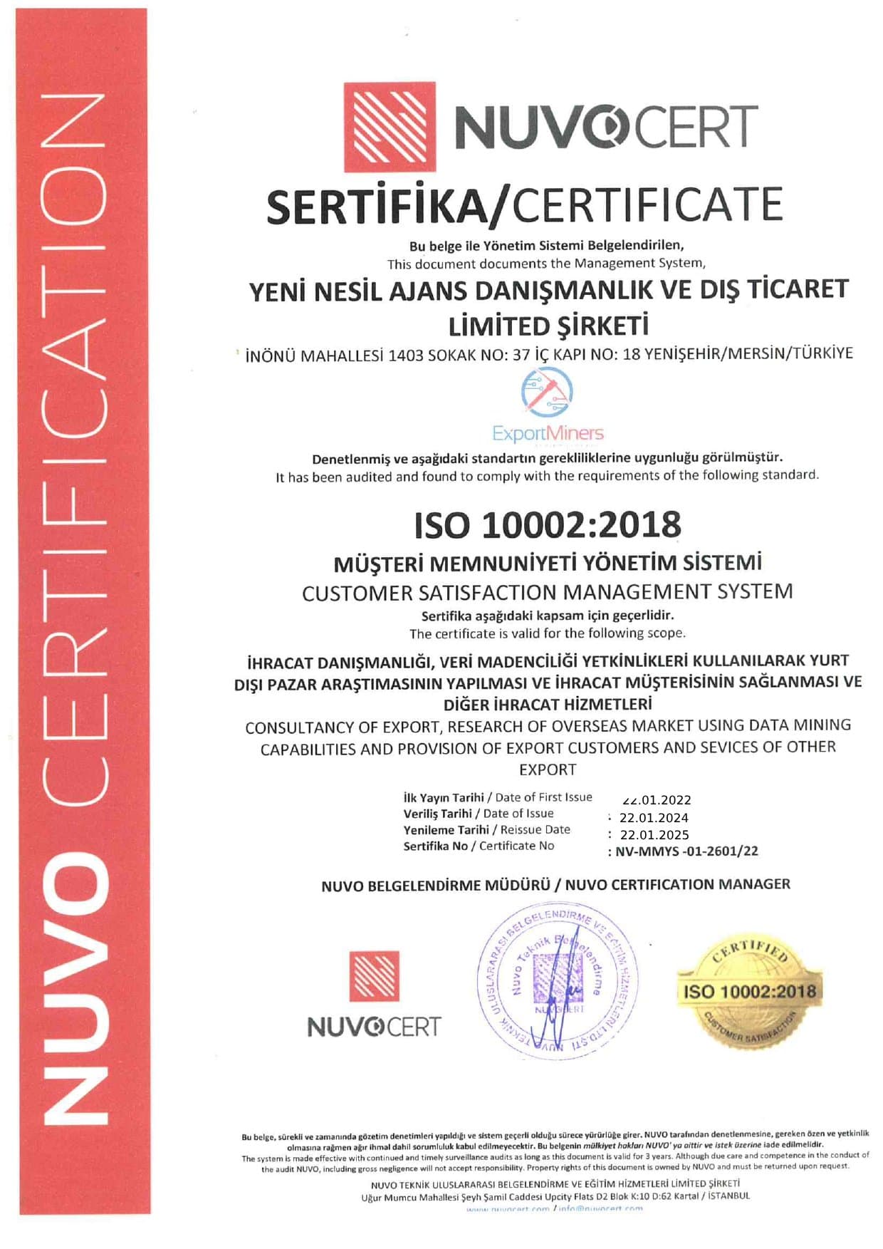 Export Miners ISO 10002 Müşteri Memnuniyeti Yönetim Sistemi sertifikası