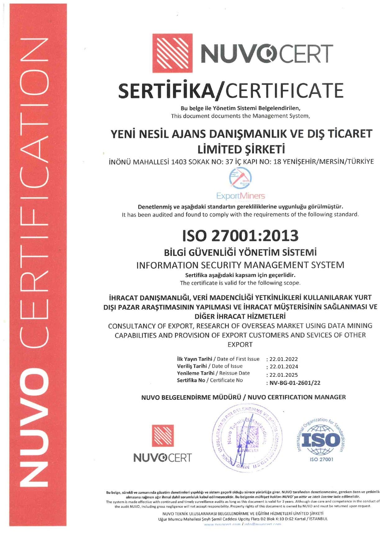 Export Miners ISO 27001 Bilgi Güvenliği Yönetim Sistemi sertifikası