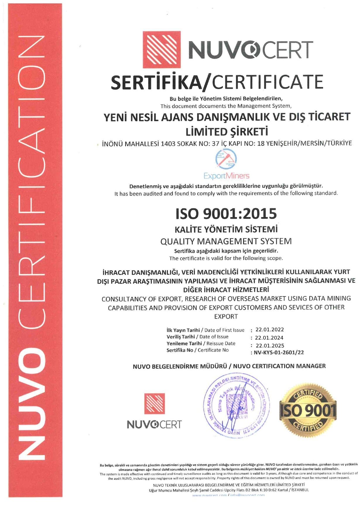 Export Miners ISO 9001:2015 Kalite Yönetim Sistemi sertifikası
